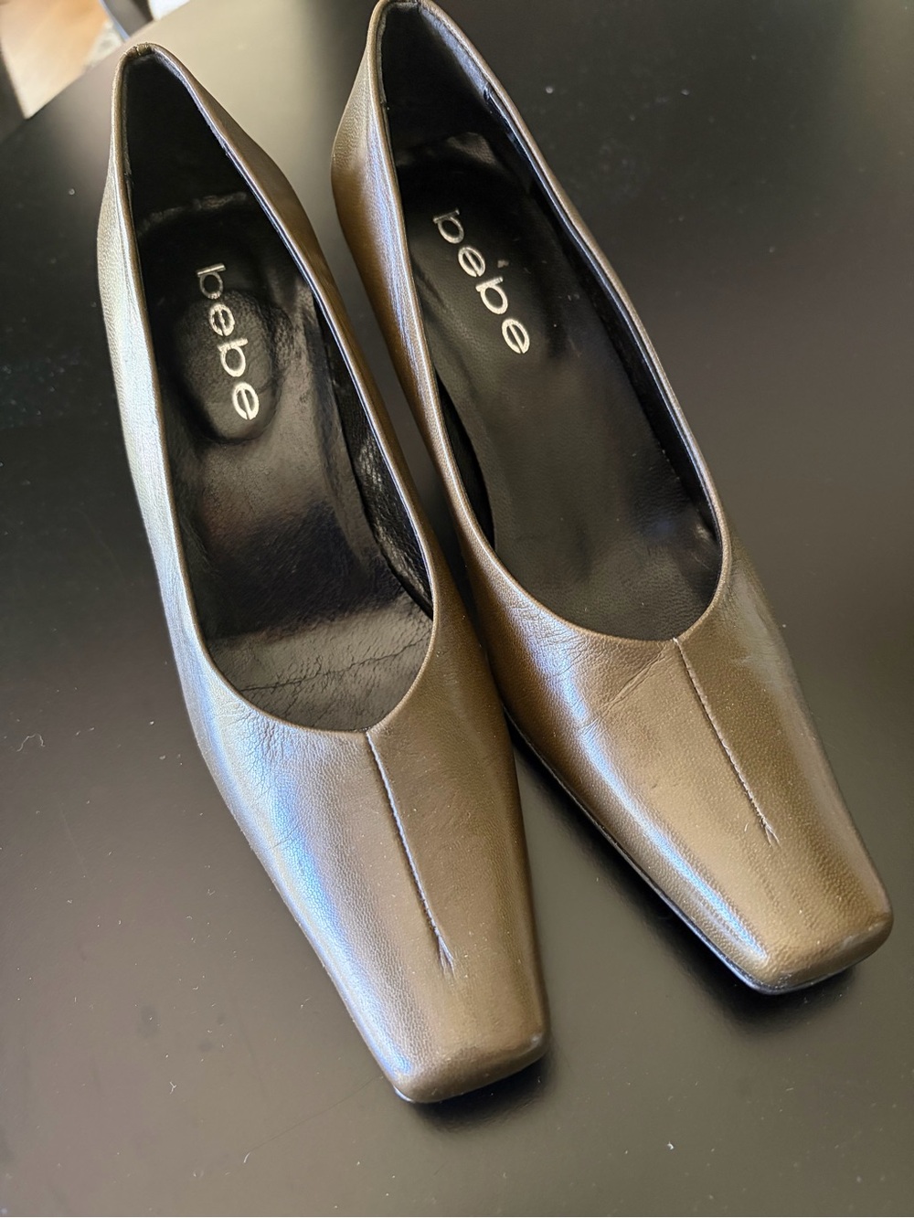 Bebe Olive Brown Square-Toe Leather Pumps